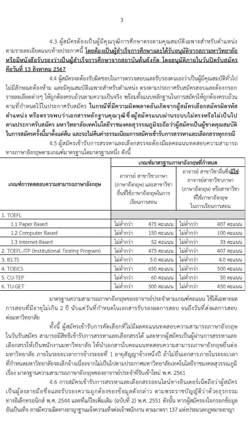 มหาวิทยาลัยเทคโนโลยีราชมงคลสุวรรณภูมิ รับสมัครสรรหาและเลือกสรรบุคคลเพื่อจ้างเป็นพนักงานมหาวิทยาลัย ตำแหน่งประเภทวิชาการ ครั้งที่ 4/2567 จำนวน 3 อัตรา (วุฒิ ป.เอก) รับสมัครสอบทางอินเทอร์เน็ต ตั้งแต่วันที่ 6-13 ส.ค. 2567 หน้าที่ 3