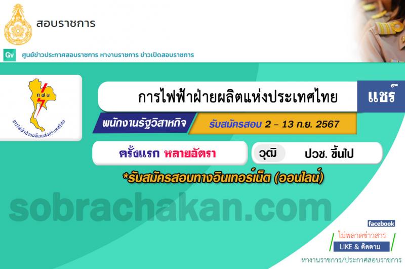 การไฟฟ้าฝ่ายผลิตแห่งประเทศไทย เตรียมเปิดรับสมัครบุคคลเพื่อบรรจุและแต่งตั้งเป็นพนักงาน ประจำปี 2567 จำนวนหลายอัตรา (วุฒิ ปวช. ขึ้นไป) รับสมัครสอบทางอินเทอร์เน็ต ตั้งแต่วันที่ 2-13 ก.ย. 2567 หน้าที่ 1