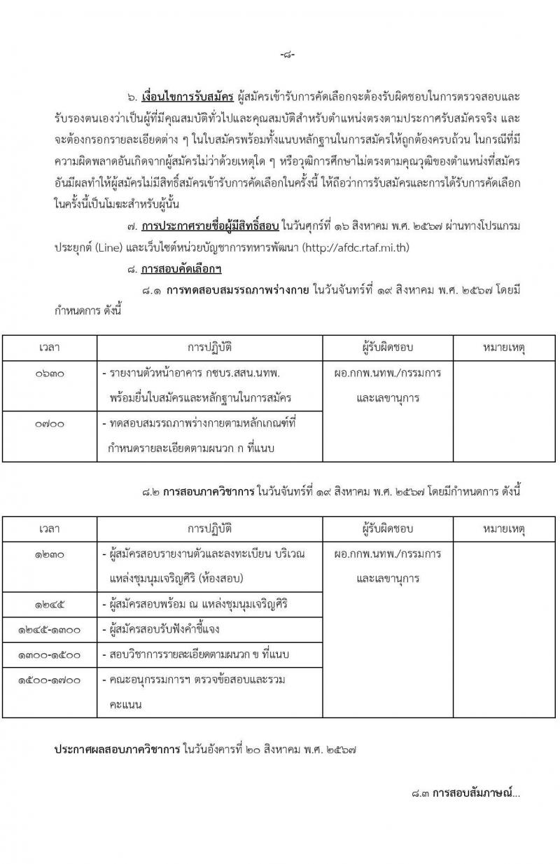 หน่วยบัญชาการทหารพัฒนา กองบัญชาการกองทัพไทย รับสมัครบุคคลเพื่อเลือกสรรเป็นพนักงานราชการ 8 ตำแหน่ง 10 อัตรา (วุฒิ ปวช. ปวส.) รับสมัครสอบทางอินเทอร์เน็ต ตั้งแต่วันที่ 7-13 ส.ค. 2567 หน้าที่ 8