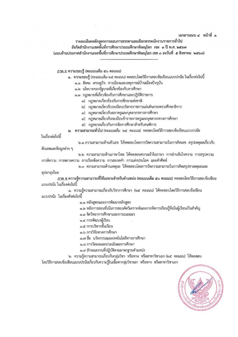 สำนักงานเขตพื้นที่การศึกษาประถมศึกษาพิษณุโลก เขต 3 รับสมัครสอบแข่งขันเพื่อบรรจุและแต่งตั้งบุคคลเข้ารับราชการ ตำแหน่งครูผู้สอน จำนวน 7 อัตรา (วุฒิ ป.ตรี) รับสมัครสอบทางอินเทอร์เน็ต ตั้งแต่วันที่ 13-17 ส.ค. 2567 หน้าที่ 12