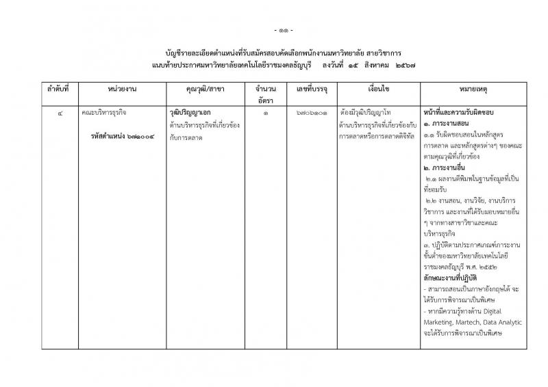 มหาวิทยาลัยเทคโนโลยีราชมงคลธัญบุรี รับสมัครบุคคลเพื่อบรรจุและแต่งตั้งเป็นพนักงาน ตำแหน่งอาจารย์ จำนวน 14 อัตรา (วุฒิ ป.โท ป.เอก) รับสมัครสอบทางอินเทอร์เน็ต ตั้งแต่วันที่ 27 ส.ค. - 2 ก.ย. 2567 หน้าที่ 11