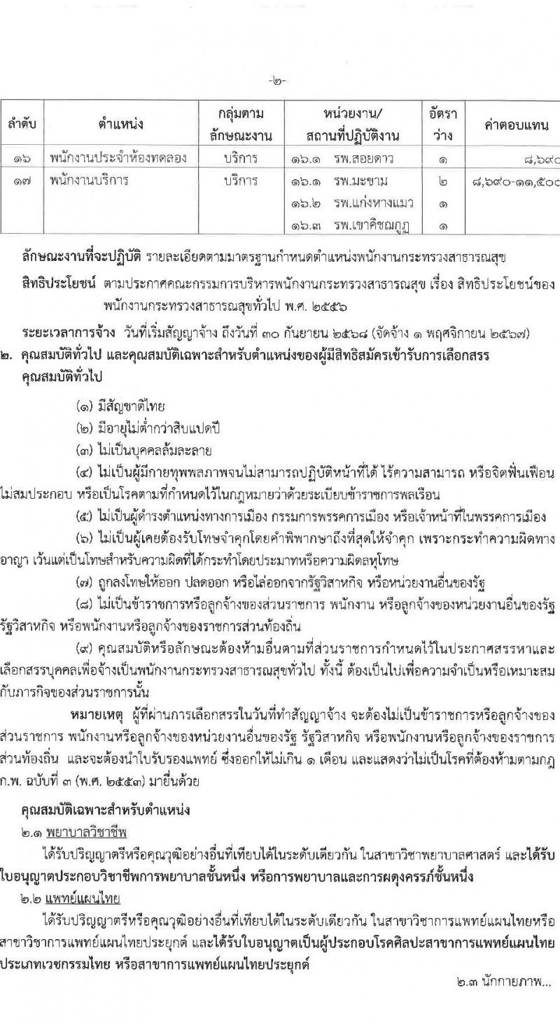 สำนักงานสาธารณสุขจังหวัดจันทบุรี รับสมัครบุคคลเพื่อเลือกสรรเป็นพนักงานกระทรวงสาธารณสุขทั่วไป 17 ตำแหน่ง ครั้งแรก 30 อัตรา (วุฒิ ม.ต้น ม.ปลาย ปวช. ปวส. ป.ตรี) รับสมัครสอบด้วยตนเอง ตั้งแต่วันที่ 9-16 ต.ค. 2567 หน้าที่ 2