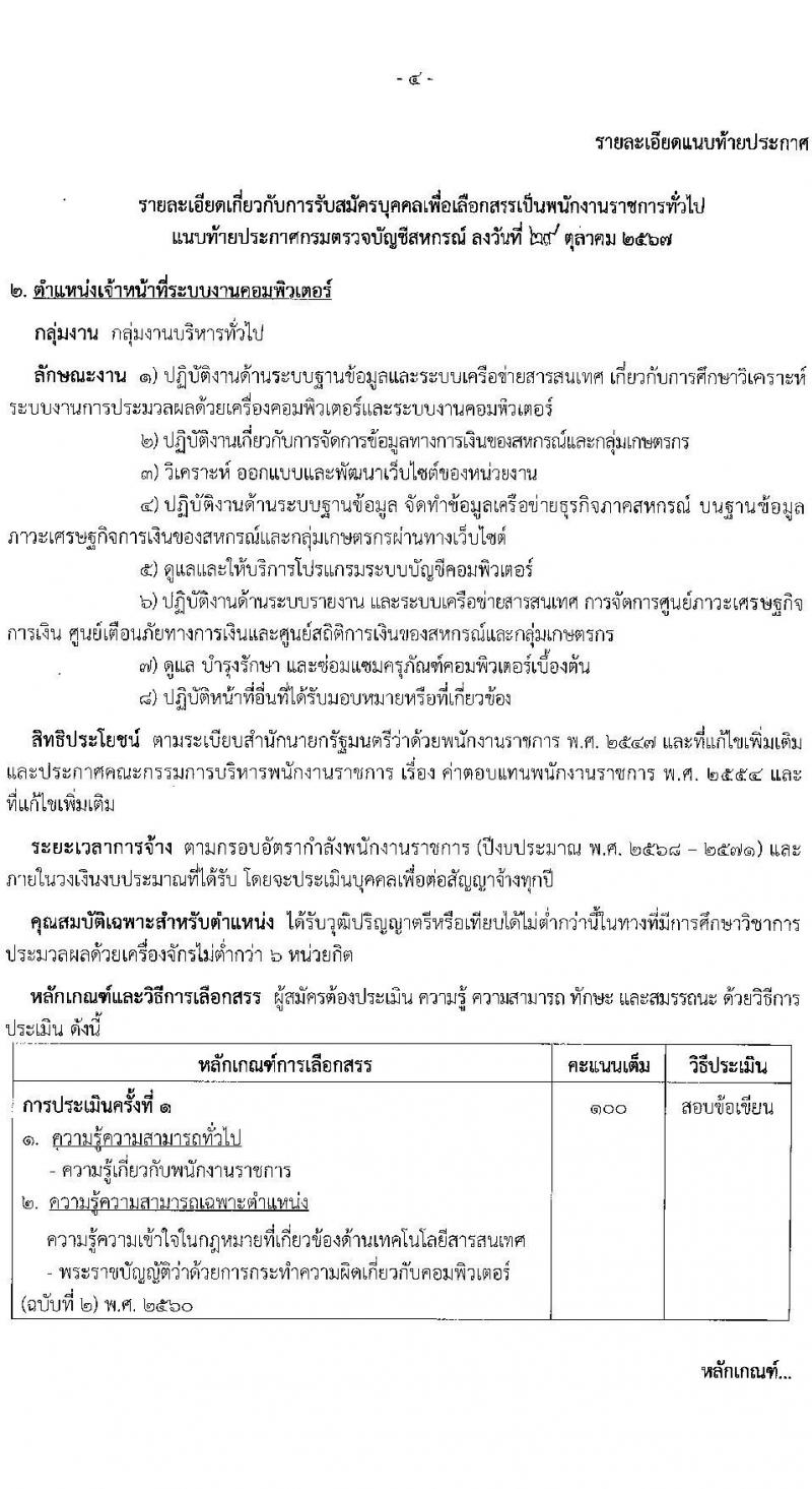 กรมตรวจบัญชีสหกรณ์ รับสมัครบุคคลเพื่อเลือกสรรเป็นพนักงานราชการ 3 ตำแหน่ง 5 อัตรา (วุฒิ ป.ตรี) รับสมัครสอบทางอินเทอร์เน็ต ตั้งแต่วันที่ 5-25 พ.ย. 2567 หน้าที่ 9