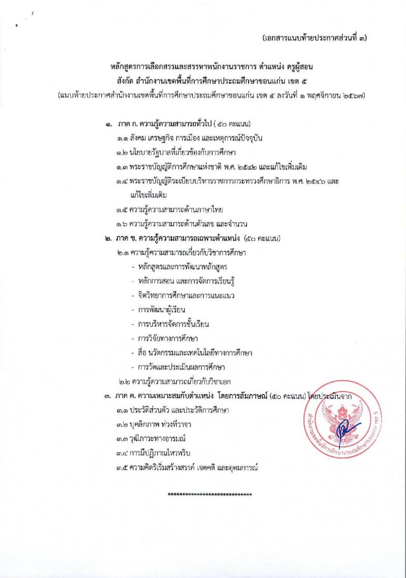 สำนักงานเขตพื้นที่การศึกษาประถมศึกษาขอนแก่น เขต 5 รับสมัครบุคคลเพื่อเลือกสรรเป็นพนักงานราชการ ตำแหน่งครูผู้สอน จำนวน 35 อัตรา (วุฒิ ป.ตรี) รับสมัครสอบด้วยตนเอง ตั้งแต่วันที่ 8-14 พ.ย. 2567 หน้าที่ 18