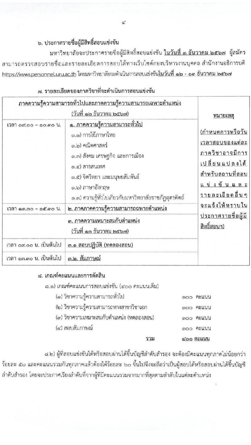 มหาวิทยาลัยราชภัฏอุตรดิตถ์ รับสมัครบุคคลเพื่อบรรจุและแต่งตั้งเป็นพนักงาน ตำแหน่งพนักงานมหาวิทยาลัย จำนวน 8 อัตรา (วุฒิ ป.โท ป.เอก) รับสมัครสอบด้วยตนเอง ตั้งแต่วันที่ 13-29 พ.ย. 2567 หน้าที่ 4