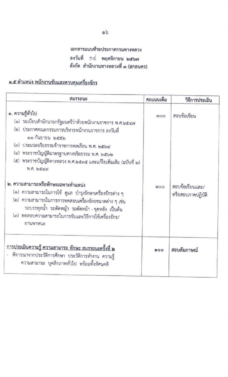สำนักงานทางหลวงที่ 3 (สกลนคร) รับสมัครบุคคลเพื่อเลือกสรรเป็นพนักงานราชการ 4 ตำแหน่ง 8 อัตรา (วุฒิ ม.ต้น ม.ปลาย ปวช. ปวท. ปวส. อนุปริญญา) รับสมัครสอบด้วยตนเอง ตั้งแต่วันที่ 26 พ.ย. - 2 ธ.ค. 2567 หน้าที่ 17