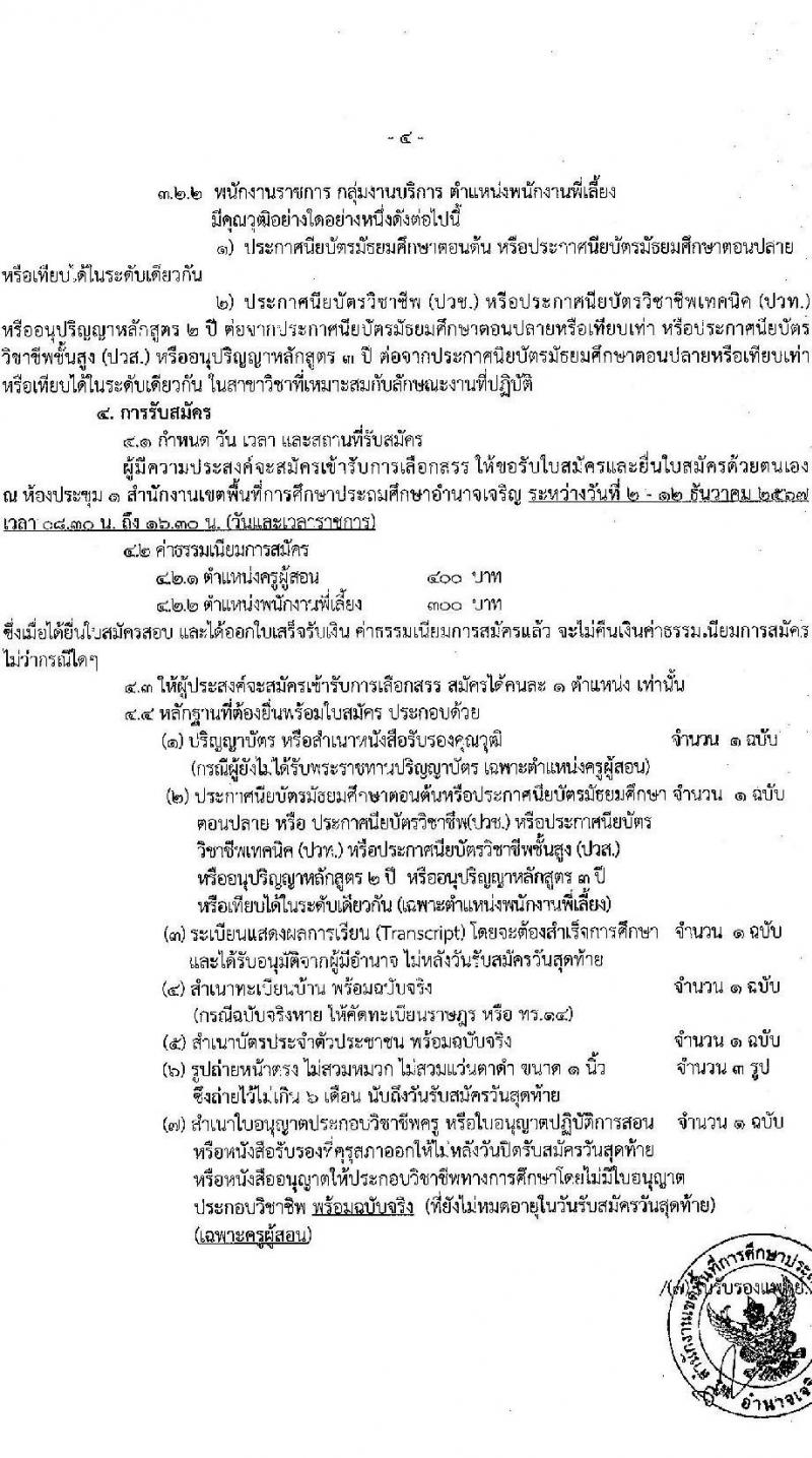 สำนักงานเขตพื้นที่การศึกษาประถมศึกษาอำนาจเจริญ รับสมัครบุคคลเพื่อเลือกสรรเป็นพนักงานราชการ ตำแหน่งครูผู้สอน จำนวน 38 อัตรา (วุฒิ ป.ตรี) รับสมัครสอบด้วยตนเอง ตั้งแต่วันที่ 2-12 ธ.ค. 2567 หน้าที่ 4