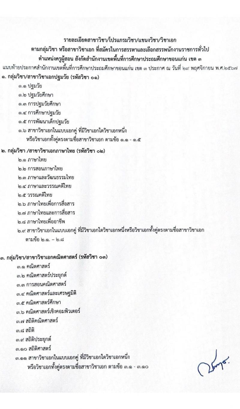 สำนักงานเขตพื้นที่การศึกษาประถมศึกษาขอนแก่น เขต 3 รับสมัครบุคคลเพื่อเลือกสรรเป็นพนักงานราชการ 4 กลุ่มวิชา 14 อัตรา (วุฒิ ป.ตรี) รับสมัครสอบด้วยตนเอง ตั้งแต่วันที่ 9-16 ธ.ค. 2567 หน้าที่ 11