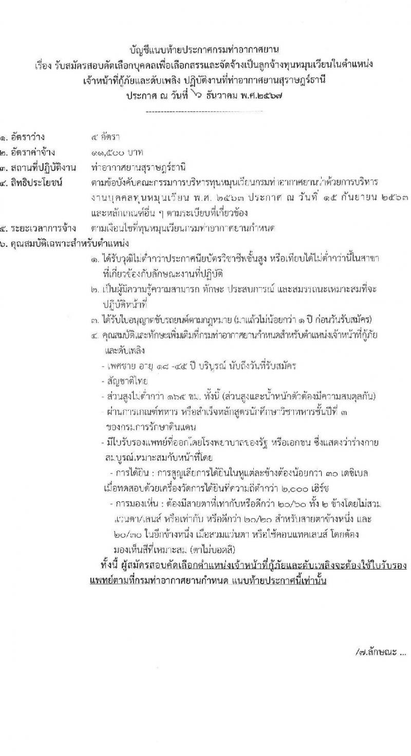 กรมท่าอากาศยาน ท่าอากาศยานสุราษฎร์ธานี รับสมัครคัดเลือกบุคคลเพื่อรับการจัดจ้างเหมาบริการ ตำแหน่งเจ้าหน้าที่กู้ภัยและดับเพลิง จำนวน 5 อัตรา (วุฒิ ปวส.หรือเทียบเท่า) รับสมัครสอบด้วยตนเอง ตั้งแต่วันที่ 12-20 ธ.ค. 2567 หน้าที่ 7