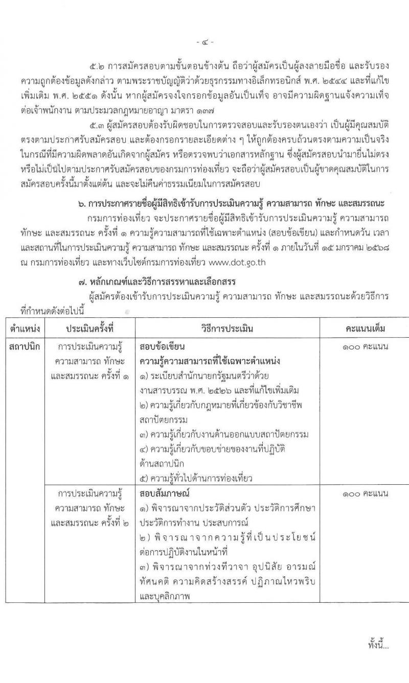 กรมการท่องเที่ยว รับสมัครสอบแข่งขันเพื่อบรรจุและแต่งตั้งบุคคลเข้ารับราชการ ตำแหน่งสถาปนิก ครั้งแรก 1 อัตรา (วุฒิ ป.ตรี) รับสมัครสอบทางอินเทอร์เน็ต ตั้งแต่วันที่ 7-13 ม.ค. 2568 หน้าที่ 4