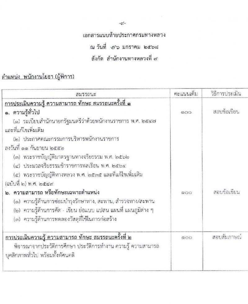 กรมทางหลวง รับสมัครบุคคลเพื่อเลือกสรรเป็นพนักงานราชการ (บุคคลทั่วไปและผู้พิการ) ปฏิบัติงานที่สำนักงานทางหลวงที่ 9 จำนวน 3 ตำแหน่ง 4 อัตรา  (วุฒิ ปวช. ปวท. ปวส.) รับสมัครสอบด้วยตนเอง ตั้งแต่วันที่ 31 ม.ค. - 7 ก.พ. 2568 หน้าที่ 9