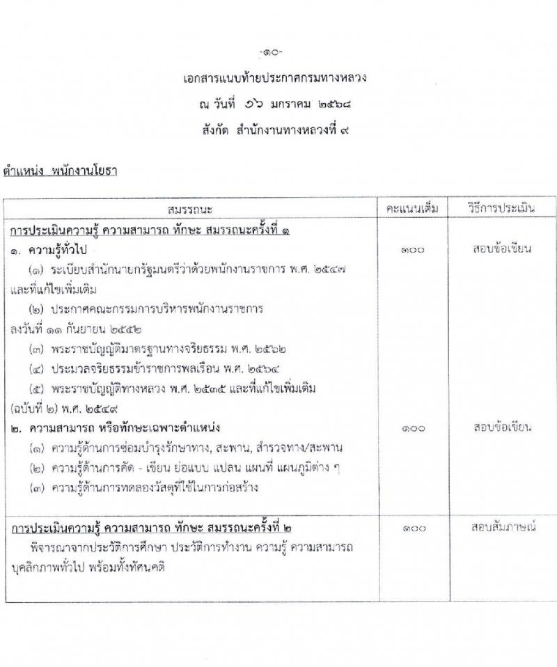กรมทางหลวง รับสมัครบุคคลเพื่อเลือกสรรเป็นพนักงานราชการ (บุคคลทั่วไปและผู้พิการ) ปฏิบัติงานที่สำนักงานทางหลวงที่ 9 จำนวน 3 ตำแหน่ง 4 อัตรา  (วุฒิ ปวช. ปวท. ปวส.) รับสมัครสอบด้วยตนเอง ตั้งแต่วันที่ 31 ม.ค. - 7 ก.พ. 2568 หน้าที่ 10