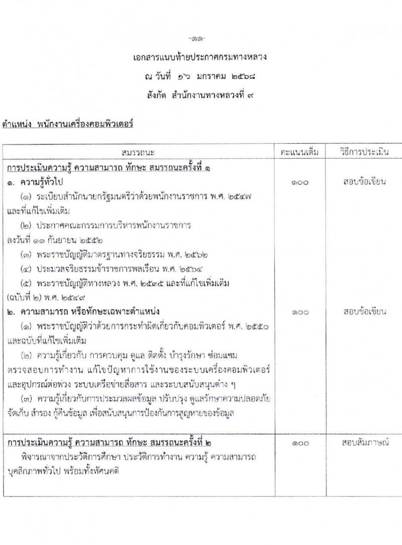 กรมทางหลวง รับสมัครบุคคลเพื่อเลือกสรรเป็นพนักงานราชการ (บุคคลทั่วไปและผู้พิการ) ปฏิบัติงานที่สำนักงานทางหลวงที่ 9 จำนวน 3 ตำแหน่ง 4 อัตรา  (วุฒิ ปวช. ปวท. ปวส.) รับสมัครสอบด้วยตนเอง ตั้งแต่วันที่ 31 ม.ค. - 7 ก.พ. 2568 หน้าที่ 11