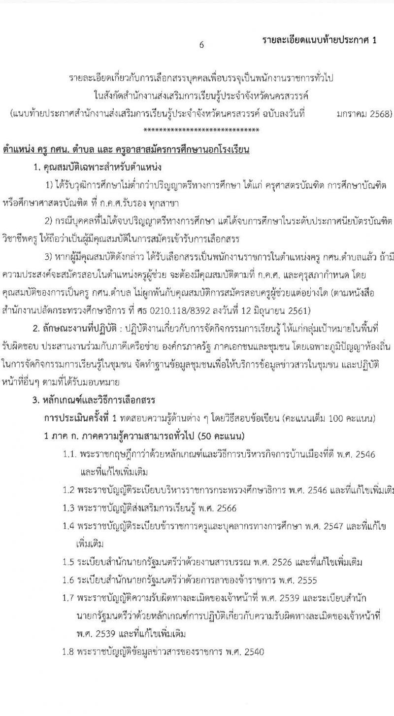 สำนักงานส่งเสริมการเรียนรู้ประจำจังหวัดนครสวรรค์ (สกร.) รับสมัครบุคคลเพื่อเลือกสรรเป็นพนักงานราชการ จำนวน 9 อัตรา (วุฒิ ป.ตรี) รับสมัครสอบด้วยตนเอง ตั้งแต่วันที่ 3-14 ก.พ. 2568 หน้าที่ 6