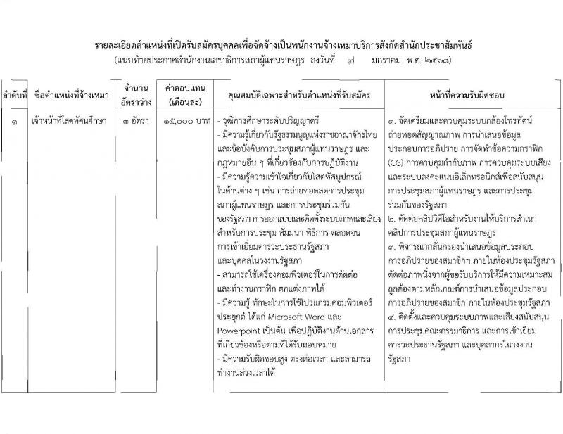 สำนักงานเลขาธิการสภาผู้แทนราษฎร รับสมัครบุคคลเพื่อคัดเลือกเป็นพนักงานจ้างเหมาบริการ ตำแหน่งเจ้าหน้าที่โสตทัศนศึกษา จำนวน 3 อัตรา (วุฒิ ป.ตรี) รับสมัครสอบด้วยตนเอง ตั้งแต่วันที่ 10-30 ม.ค. 2568 หน้าที่ 4