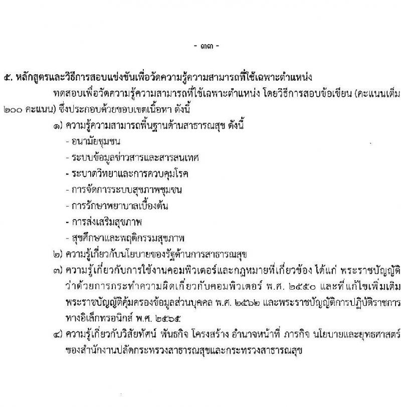 สำนักงานปลัดกระทรวงสาธารณสุข รับสมัครสอบแข่งขันเพื่อบรรจุและแต่งตั้งบุคคลเข้ารับราชการ 10 ตำแหน่ง 145 อัตรา (วุฒิ ปวส.หรือเทียบเท่า ป.ตรี) รับสมัครสอบทางอินเทอร์เน็ต ตั้งแต่วันที่ 6-28 ก.พ. 2568 หน้าที่ 33
