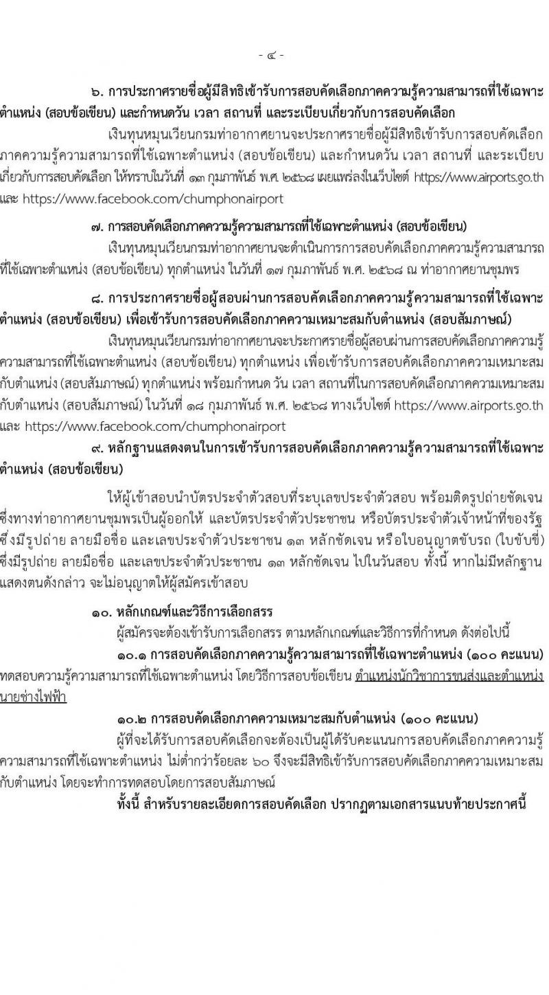 กรมท่าอากาศยาน ท่าอากาศยานชุมพร รับสมัครบุคคลเพื่อเลือกสรรเป็นพนักงานราชการ 2 ตำแหน่ง 2 อัตรา (วุฒิ ปวส. ป.ตรี) รับสมัครสอบด้วยตนเอง ตั้งแต่วันที่ 4-11 ก.พ. 2568 หน้าที่ 4