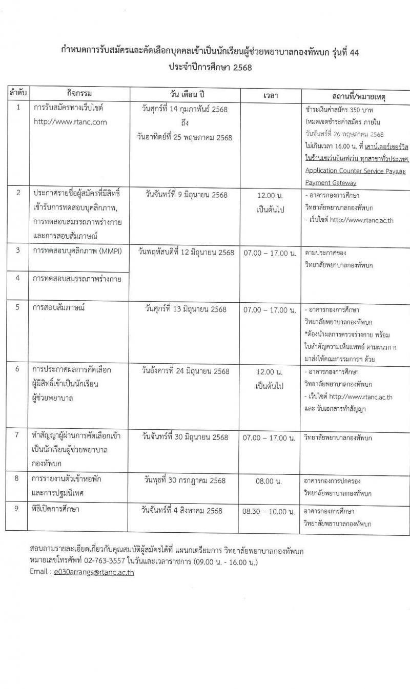 มหาวิทยาลัยพยาบาลกองทัพบก รับสมัครสอบแข่งขันเพื่อบรรจุและแต่งตั้งบุคคลเข้ารับราชการ เข้าเป็นนักเรียนผู้ช่วยพยาบาลกองทัพบก ประจำปีการศึกษา 2568 จำนวน 80 อัตรา (วุฒิ ม.6) รับสมัครสอบทางอินเทอร์เน็ต ตั้งแต่วันที่ 14 ก.พ. - 25 พ.ค. 2568 หน้าที่ 9
