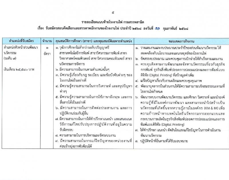 โรงงานไพ่ กรมสรรพสามิต รับสมัครบุคคลเพื่อบรรจุและแต่งตั้งเป็นพนักงาน 7 ตำแหน่ง 11 อัตรา (วุฒิ ไม่ต่ำกว่า ป.ตรี) รับสมัครสอบทางอีเมล ตั้งแต่วันที่ 13 ก.พ. - 13 มี.ค. 2568 หน้าที่ 5
