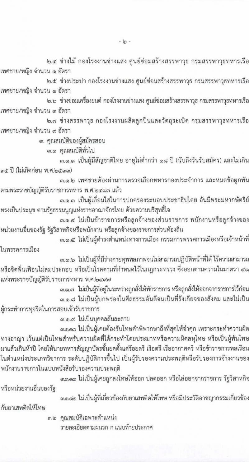 กรมสรรพาวุธทหารเรือ รับสมัครบุคคลเพื่อเลือกสรรเป็นพนักงานราชการ จำนวน 39 อัตรา (วุฒิ ม.ปลาย ปวช.) รับสมัครสอบด้วยตนเอง ตั้งแต่วันที่ 17-28 ก.พ. 2568 หน้าที่ 2