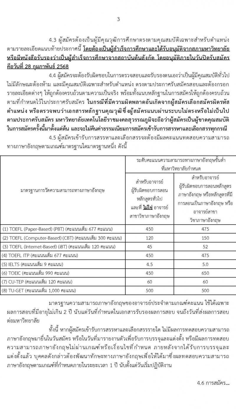 มหาวิทยาลัยเทคโนโลยีราชมงคลสุวรรณภูมิ รับสมัครบุคคลเพื่อบรรจุและแต่งตั้งเป็นพนักงาน ตำแหน่งอาจารย์มหาวิทยาลัย จำนวน 7 อัตรา (วุฒิ ป.ตรี ป.โท ป.เอก) รับสมัครสอบทางอินเทอร์เน็ต ตั้งแต่วันที่ 24-28 ก.พ. 2568 หน้าที่ 3