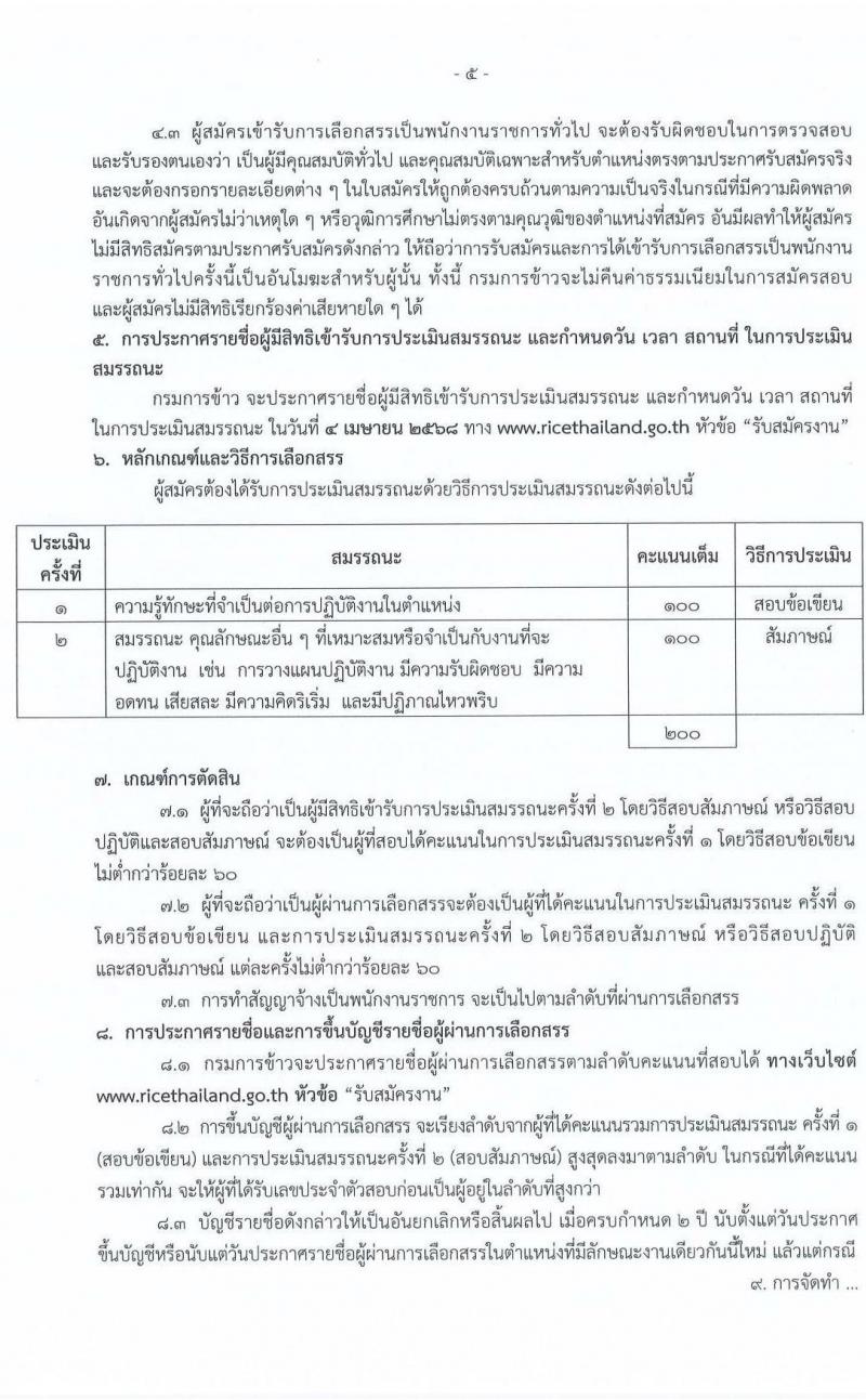 กรมการข้าว รับสมัครบุคคลเพื่อเลือกสรรเป็นพนักงานราชการ จำนวน 12 ตำแหน่ง 12 อัตรา (วุฒิ ปวช. ปวส.หรือเทียบเท่า ป.ตรี) รับสมัครสอบทางอินเทอร์เน็ต ตั้งแต่วันที่ 17-28 มี.ค. 2568 หน้าที่ 5
