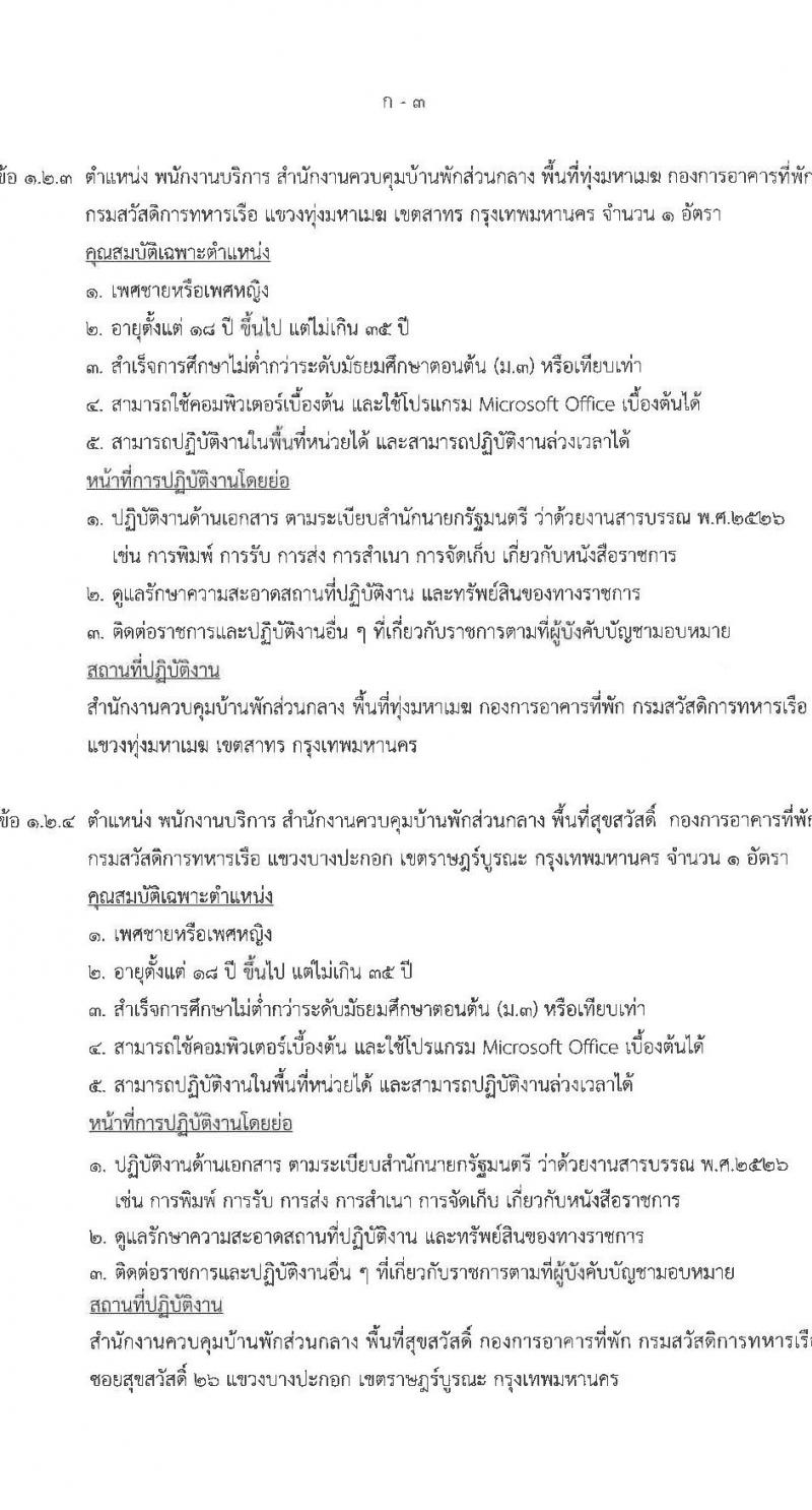 กรมสวัสดิการทหารเรือ รับสมัครบุคคลเพื่อเลือกสรรเป็นพนักงานราชการ จำนวน 3 ตำแหน่ง 12 อัตรา (วุฒิ ม.3 ปวช.) รับสมัครสอบด้วยตนเอง ตั้งแต่วันที่ 17-21 มี.ค. 2568 หน้าที่ 8