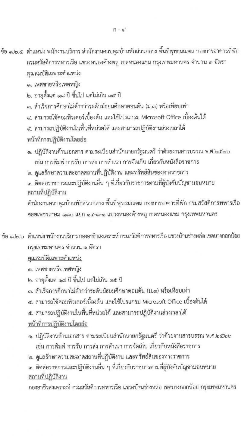 กรมสวัสดิการทหารเรือ รับสมัครบุคคลเพื่อเลือกสรรเป็นพนักงานราชการ จำนวน 3 ตำแหน่ง 12 อัตรา (วุฒิ ม.3 ปวช.) รับสมัครสอบด้วยตนเอง ตั้งแต่วันที่ 17-21 มี.ค. 2568 หน้าที่ 9