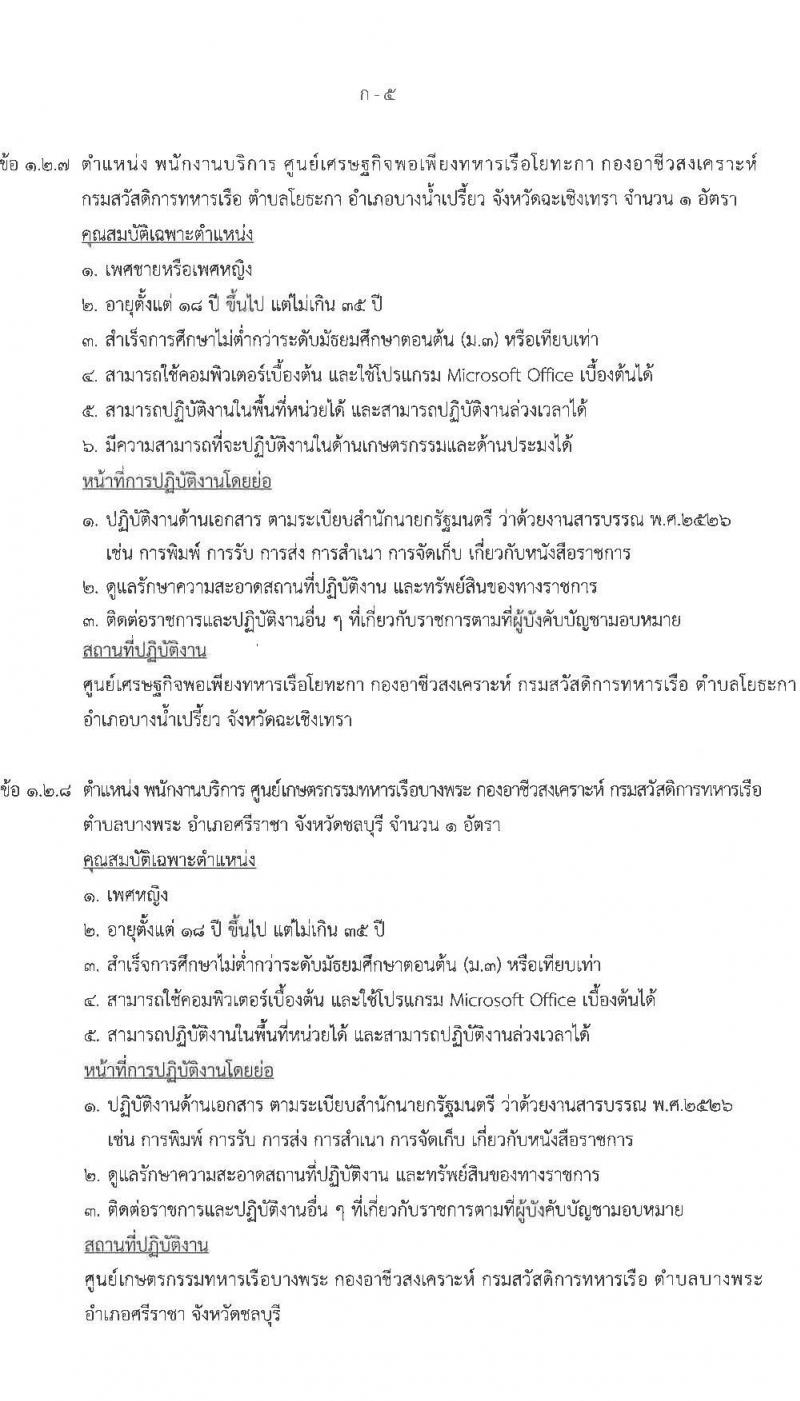 กรมสวัสดิการทหารเรือ รับสมัครบุคคลเพื่อเลือกสรรเป็นพนักงานราชการ จำนวน 3 ตำแหน่ง 12 อัตรา (วุฒิ ม.3 ปวช.) รับสมัครสอบด้วยตนเอง ตั้งแต่วันที่ 17-21 มี.ค. 2568 หน้าที่ 10