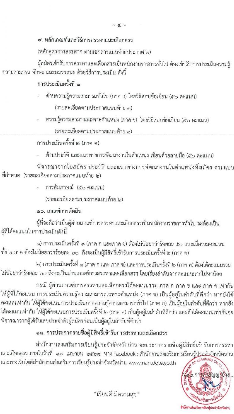 สำนักงานส่งเสริมการเรียนรู้ประจำจังหวัดน่าน รับสมัครบุคคลเพื่อเลือกสรรเป็นพนักงานราชการ จำนวน 4 ตำแหน่ง 5 อัตรา (วุฒิ ป.ตรี) รับสมัครสอบด้วยตนเอง ตั้งแต่วันที่ 1-10 เม.ย. 2568 หน้าที่ 4