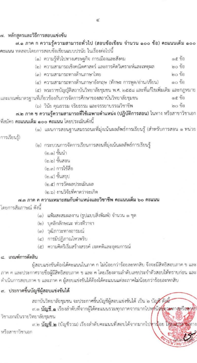 สถาบันวิทยาลัยชุมชน รับสมัครสอบแข่งขันเพื่อบรรจุและแต่งตั้งบุคคลเข้ารับราชการ ตำแหน่งครูผู้ช่วย ครั้งแรก 10 อัตรา (วุฒิ ป.ตรี) รับสมัครสอบทางอินเทอร์เน็ต ตั้งแต่วันที่ 14 มี.ค. - 16 เม.ย. 2568 หน้าที่ 4