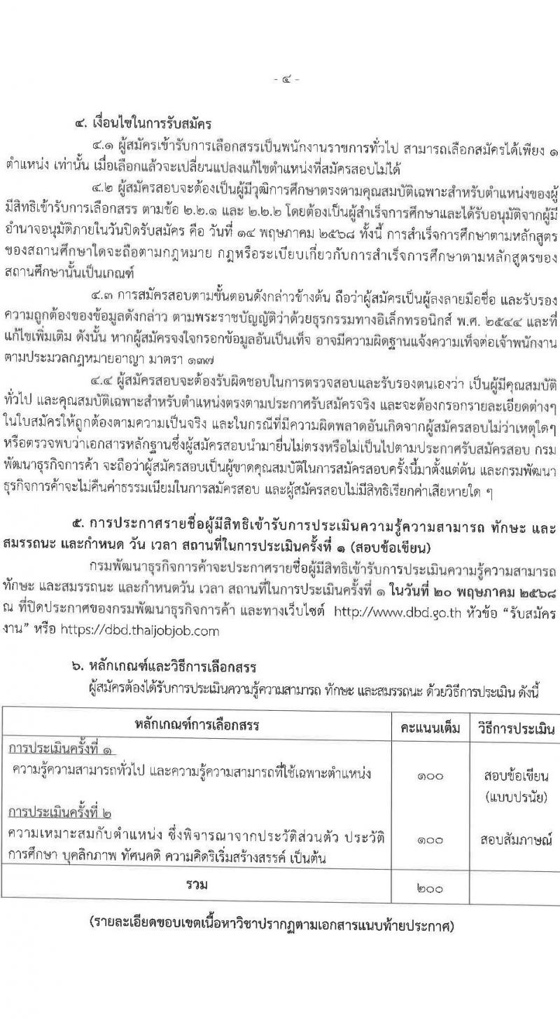 กรมพัฒนาธุรกิจการค้า รับสมัครบุคคลเพื่อเลือกสรรเป็นพนักงานราชการ จำนวน 2 ตำแหน่ง 4 อัตรา (วุฒิ ปวช. ปวส.หรือเทียบเท่า) รับสมัครสอบทางอินเทอร์เน็ต ตั้งแต่วันที่ 28 เม.ย. - 14 พ.ค. 2568 หน้าที่ 4