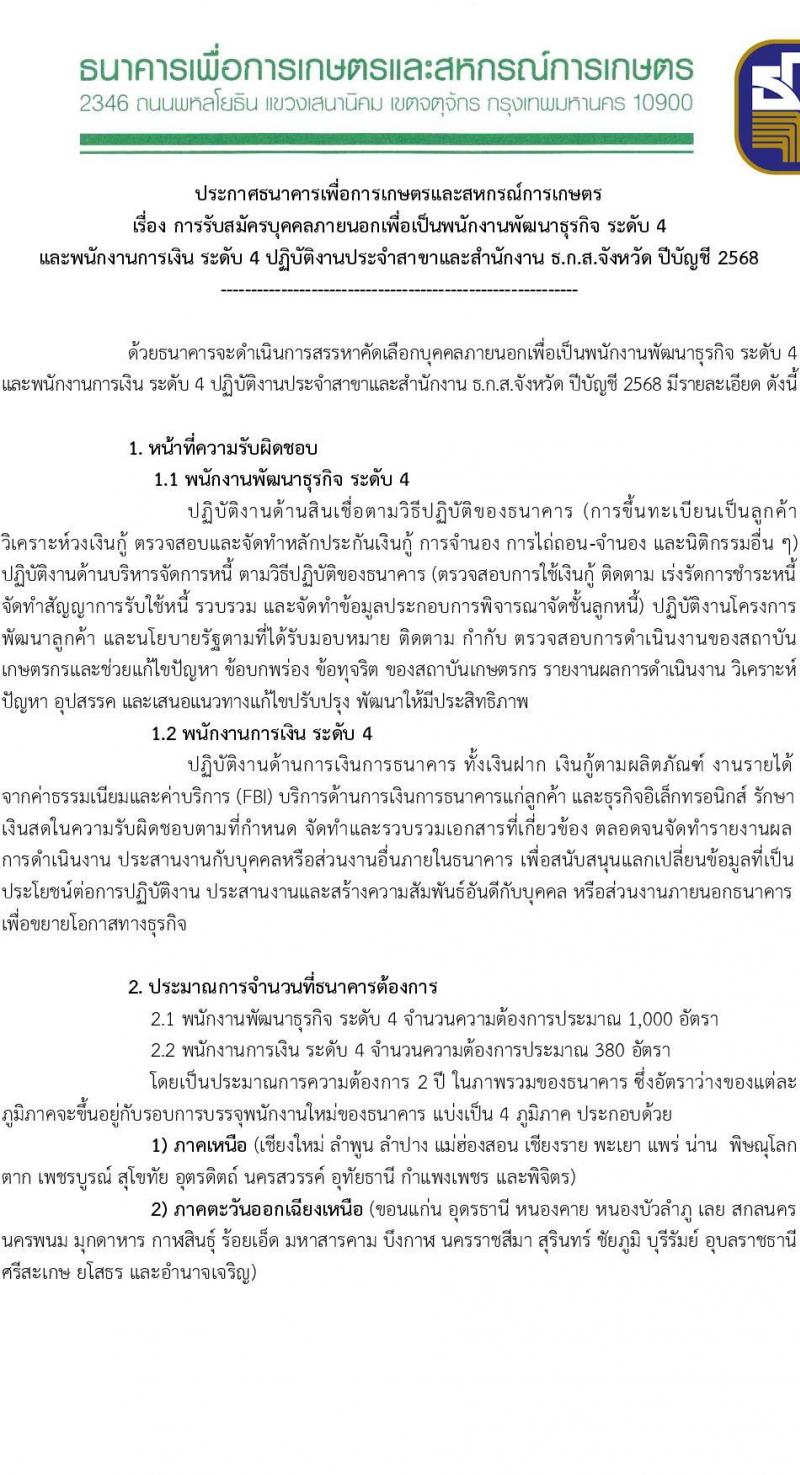 ธนาคารเพื่อการเกษตรและสหกรณ์การเกษตร เปิดสอบพนักงาน 2568 รับสมัคร 10-19 พ.ค. 2568 หน้าที่ 1
