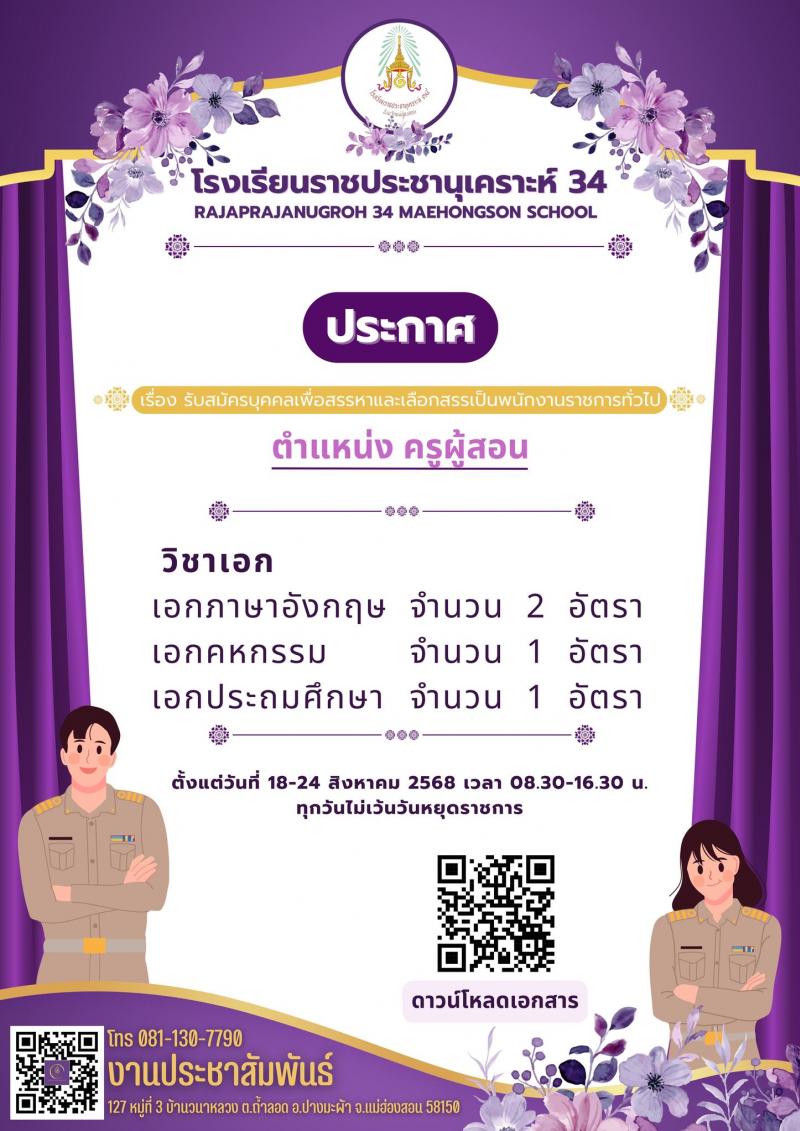 โรงเรียนราชประชานุเคราะห์ 34 จังหวัดแม่ฮองสอน เปิดสอบลูกจ้างกองทุน รับสมัครตั้งแต่ 18-24 ส.ค. 2568 รูปที่ 1