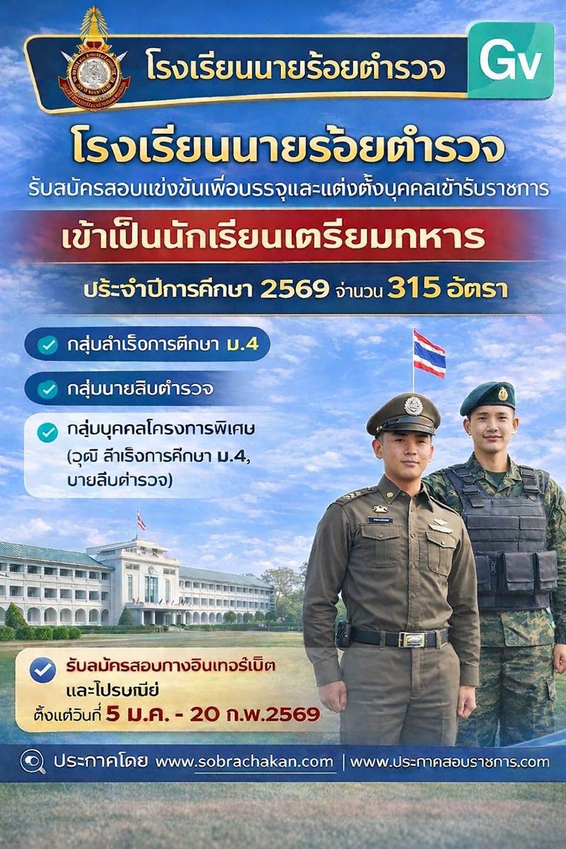 โรงเรียนนายร้อยตำรวจ รับสมัครสอบแข่งขันเพื่อบรรจุและแต่งตั้งบุคคลเข้ารับราชการ เข้าเป็นนักเรียนเตรียมทหาร ประจำปีการศึกษา 2569 จำนวน 315 อัตรา กลุ่มกำลังศึกษา ม.4, กลุ่มนายสิบตำรวจ, กลุ่มบุคคลโครงการพิเศษ (วุฒิ สำเร็จการศึกษา ม.4 หรือเทียบเท่า, นายสิบตำรวจ) รับสมัครสอบทางอินเทอร์เน็ตและไปรษณีย์ ตั้งแต่วันที่ 5 ม.ค. - 20 ก.พ. 2569 รูปที่ 1